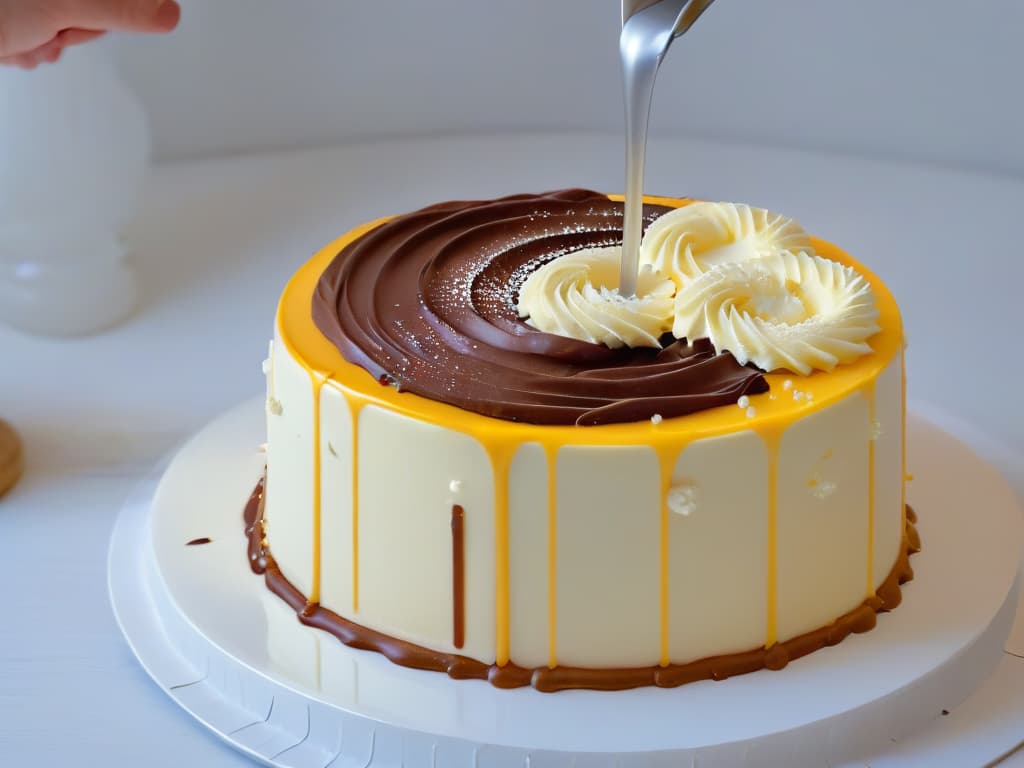  An ultradetailed closeup image of a delicate white chocolate ganache being carefully poured over a perfectly smooth and glossy mirror glaze cake, showcasing the intricate swirls and reflections of the glaze as it cascades over the edges of the cake. The image captures the precise moment of the ganache meeting the surface of the cake, highlighting the luxurious texture and glossy finish of the dessert. hyperrealistic, full body, detailed clothing, highly detailed, cinematic lighting, stunningly beautiful, intricate, sharp focus, f/1. 8, 85mm, (centered image composition), (professionally color graded), ((bright soft diffused light)), volumetric fog, trending on instagram, trending on tumblr, HDR 4K, 8K