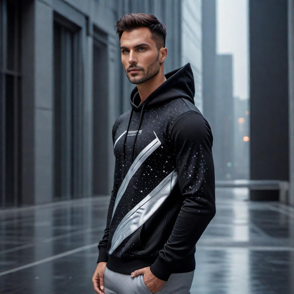  A black hoodie with the words 'Nameless Stars' running vertically down the left side in a stylish, futuristic font. The words are in white or metallic silver to contrast with the dark fabric. Around the text, there are subtle star and galaxy elements scattered, with a slight glow or shimmer effect to give a cosmic feel. The hoodie is made from a soft, sustainable material. hyperrealistic, full body, detailed clothing, highly detailed, cinematic lighting, stunningly beautiful, intricate, sharp focus, f/1. 8, 85mm, (centered image composition), (professionally color graded), ((bright soft diffused light)), volumetric fog, trending on instagram, trending on tumblr, HDR 4K, 8K