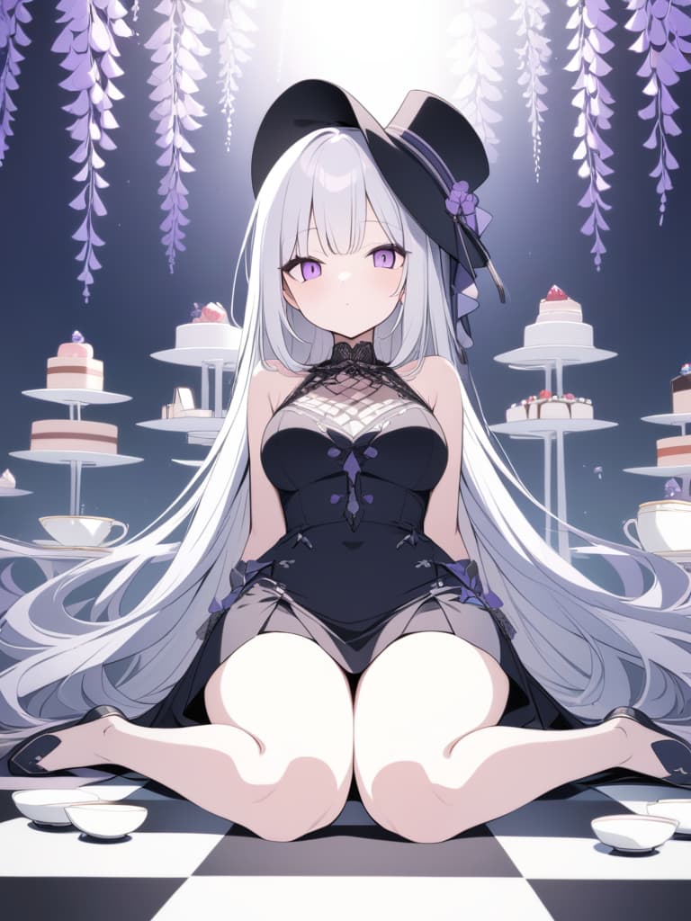  A gothic anime girl with long white hair and purple eyes,wearing an elaborate top hat adorned with black lace,sits on the floor surrounded by towering teapots,saucers,cakes,and a high tea setup in shades of lavender,gray,and deep indigo. The background is scattered with black and white checkered patterns reminiscent of chessboard like tables. Surrounded by wisteria flowers,with whimsical manga illustrations in dark violet and light emerald featuring highly detailed figures against minimalist backgrounds., masterpiece, best quality,8k,ultra detailed,high resolution,an extremely delicate and beautiful,hyper detail