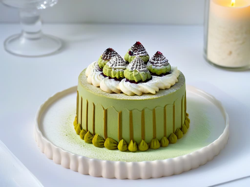  A highresolution, minimalist image of a decadent tiramisu dessert elegantly presented on a white plate, with layers of fluffy matchainfused cream, delicate ladyfinger cookies soaked in espresso, and a dusting of vibrant green matcha powder on top. The focus is on the intricate layers and textures of the dessert, highlighting its gourmet quality and inviting presentation. hyperrealistic, full body, detailed clothing, highly detailed, cinematic lighting, stunningly beautiful, intricate, sharp focus, f/1. 8, 85mm, (centered image composition), (professionally color graded), ((bright soft diffused light)), volumetric fog, trending on instagram, trending on tumblr, HDR 4K, 8K