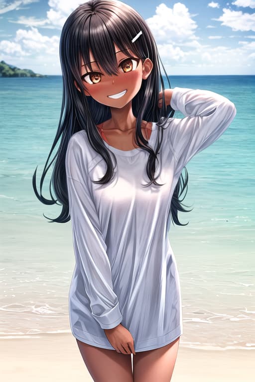  HDR, CG, sharp focus, (8k), (4k), masterpiece, best quality, sharp focus, extremely detailed, intricate, hyper detailed, nagatoro hayase, brown eyes, black hair, bangs, long hair, dark skin, hairclip, white shirt, blue, no socks, uwabaki, standing, arms behind head, cowboy shot, looking at viewer, outdoors, evil grin, <lora:hc-nagatoro-hayase:0.8>,Girl at beach, An extremely detailed illustration of a cute beautiful women on the sea beach, detailed water, masterpiece, best quality, high quality, solo
