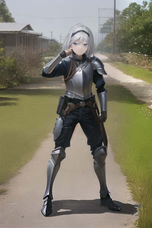  (Masterpiece, Best Quounty), Raw Photo Realistic Texture, Absurd Ultra Detailed, (Accurate Fingers & Legs), (Super Fine Face), ((Tin) Y Boy), 10-year Old, SHINY SILVER HAIR, SHORT BANGS , SUPER FINE BLUE EYES, Frowning Face, Black Armor, (Large Shield), Outdoor, Dynamic Pose, Portrait, ((put on the head on the head))