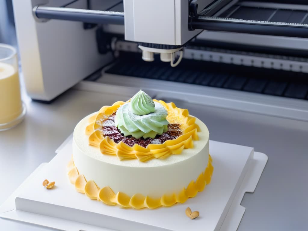  A minimalist image showcasing a sleek, futuristic 3D printer creating intricate and detailed pastry decorations in a highend bakery setting. The 3D printer is the focal point, surrounded by a clean, modern bakery workspace with hints of pastel colors and elegant pastry designs on display. The lighting is soft, highlighting the precision and innovation of the technology in the context of a sophisticated pastry shop. hyperrealistic, full body, detailed clothing, highly detailed, cinematic lighting, stunningly beautiful, intricate, sharp focus, f/1. 8, 85mm, (centered image composition), (professionally color graded), ((bright soft diffused light)), volumetric fog, trending on instagram, trending on tumblr, HDR 4K, 8K