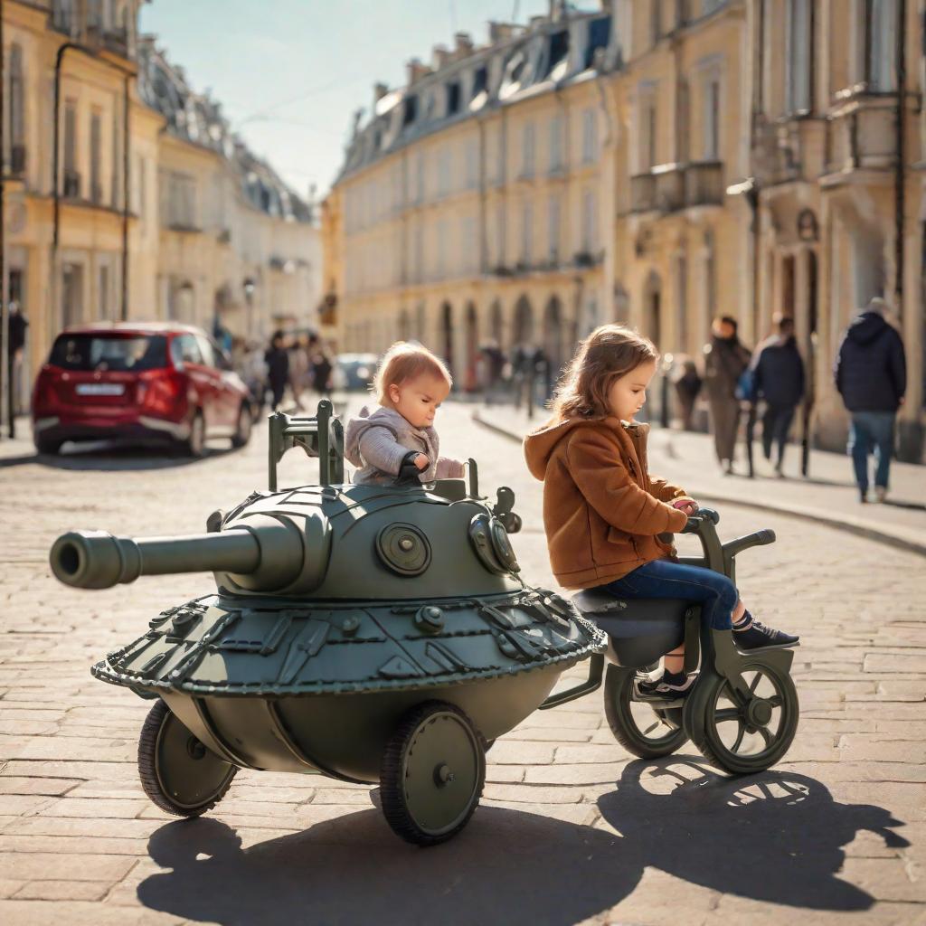  a stroller in the shape of a tank in which a cute is sitting, her mother in a short is walking next to her, street, sunny weather, cute, hyper detail, full HD hyperrealistic, full body, detailed clothing, highly detailed, cinematic lighting, stunningly beautiful, intricate, sharp focus, f/1. 8, 85mm, (centered image composition), (professionally color graded), ((bright soft diffused light)), volumetric fog, trending on instagram, trending on tumblr, HDR 4K, 8K
