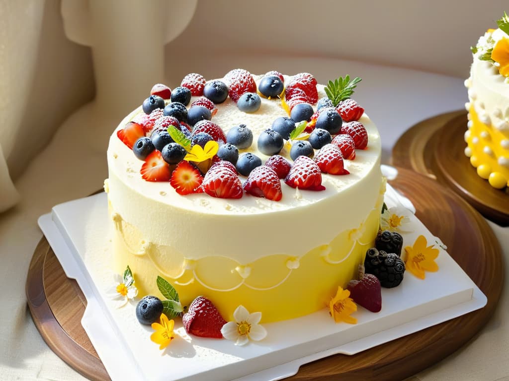  An ultradetailed image of a delicate, intricately decorated lowcalorie cake, featuring layers of moist sponge, frosted with a smooth, glossy lowcalorie icing. The cake is adorned with fresh berries and edible flowers, meticulously placed with precision. Each tiny detail, from the delicate swirls of frosting to the glistening droplets of water on the berries, is vivid and lifelike, showcasing the beauty and artistry of lowcalorie baking. hyperrealistic, full body, detailed clothing, highly detailed, cinematic lighting, stunningly beautiful, intricate, sharp focus, f/1. 8, 85mm, (centered image composition), (professionally color graded), ((bright soft diffused light)), volumetric fog, trending on instagram, trending on tumblr, HDR 4K, 8K