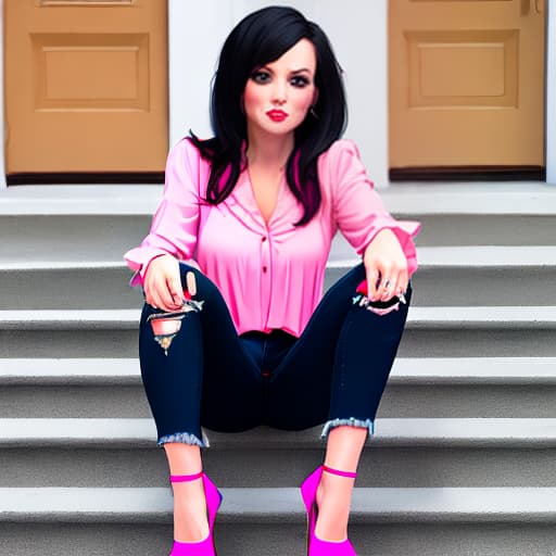  Miss Piggy fit body long red and black hair pink sexy blouse ripped jeans pink high heels sitting on mansion steps