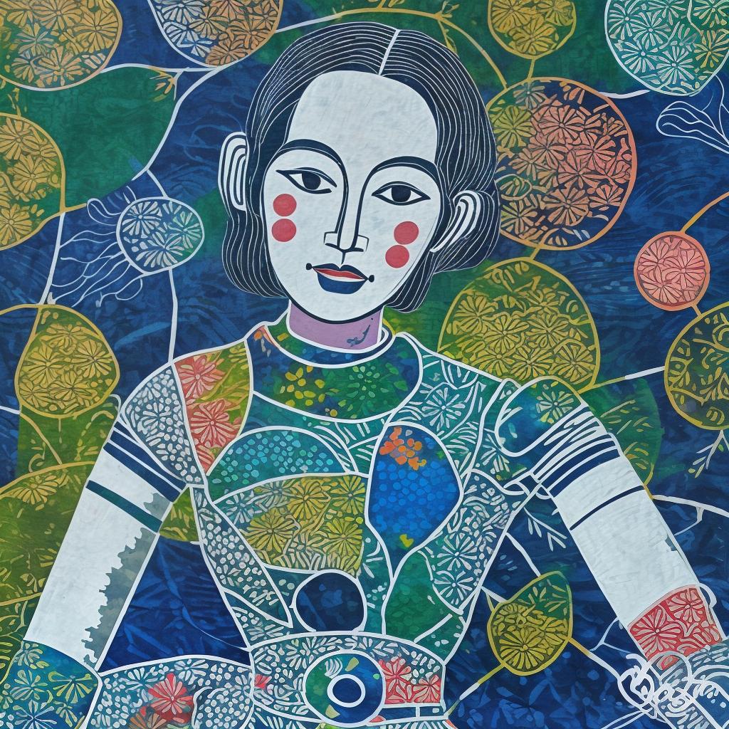  woman roboto in the style of gond art and batik with loose, visible brushstrokes and a focus on capturing the essence of light and color, en plein air feel.