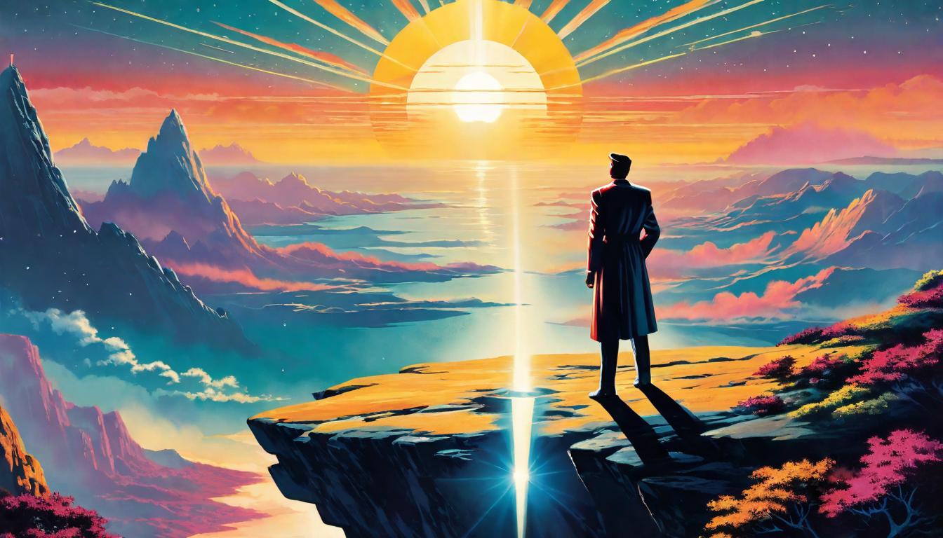  retro futuristic Person standing on a cliff overlooking a dawn breaking over the planet, hands outstretched towards the rising sun, embodying readiness and transformation. Dawn of a new age, anticipation, alignment with cosmic shifts. lvintage sci fi, 50s and 60s style, atomic age, vibrant, highly detailed