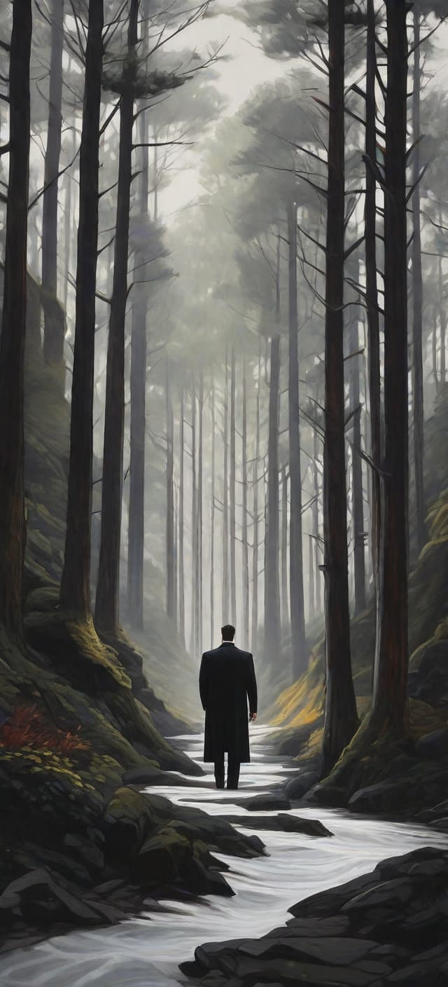  (realism style), A man in the forest is standing with his back in a black suit standing on a lonely path