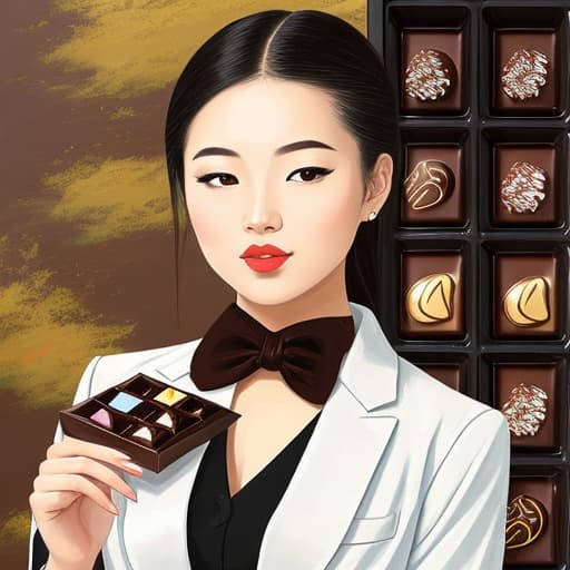  Attractive Beautiful young modern Asian girl dressed in designer business attire with moist parted lips. Foreground is plates of fine dark chocolates. Background is an exclusive Asian restaurant . Painting style of Edgar Degas