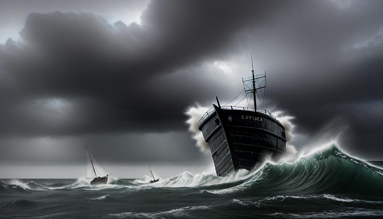  digital illustration, a dark, stormy sea with a small, fragile boat tossed by waves, boat is battered, nearly sinking, instability, turmoil, looking at viewer, dynamic pose, (intricate details, masterpiece, best quality)