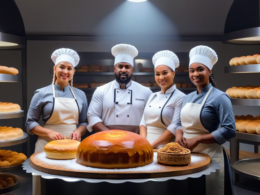  An ultradetailed 8k image of a diverse group of professional bakers from around the world, each showcasing their unique cultural background through their traditional attire and baking tools. The minimalistic style highlights the intricate details of their clothing, intricate braids, and various kitchen utensils, creating a visually stunning and inspiring representation of global culinary diversity. hyperrealistic, full body, detailed clothing, highly detailed, cinematic lighting, stunningly beautiful, intricate, sharp focus, f/1. 8, 85mm, (centered image composition), (professionally color graded), ((bright soft diffused light)), volumetric fog, trending on instagram, trending on tumblr, HDR 4K, 8K