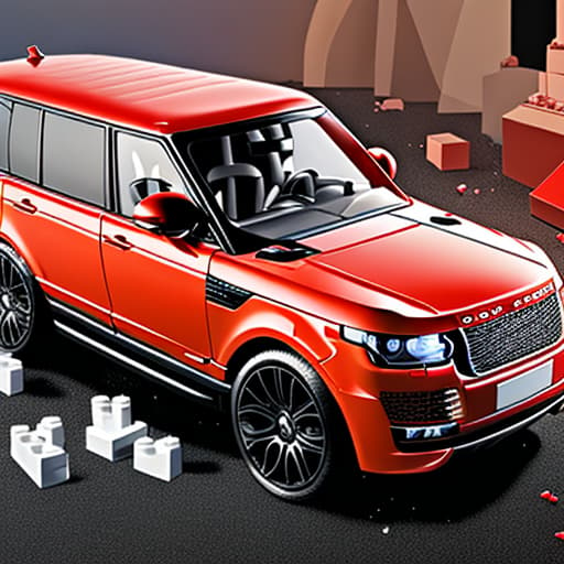  A red lego car (rangerover evogue) with lego pieces thrown around the car