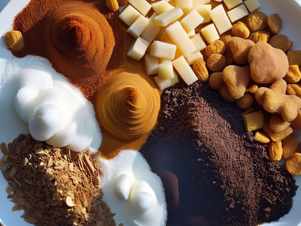  A closeup, ultradetailed image of various types of sugar crystals arranged in a gradient from white refined sugar to dark brown molasses sugar, showcasing the different textures and colors available for selecting the right sugar for each type of dessert. hyperrealistic, full body, detailed clothing, highly detailed, cinematic lighting, stunningly beautiful, intricate, sharp focus, f/1. 8, 85mm, (centered image composition), (professionally color graded), ((bright soft diffused light)), volumetric fog, trending on instagram, trending on tumblr, HDR 4K, 8K