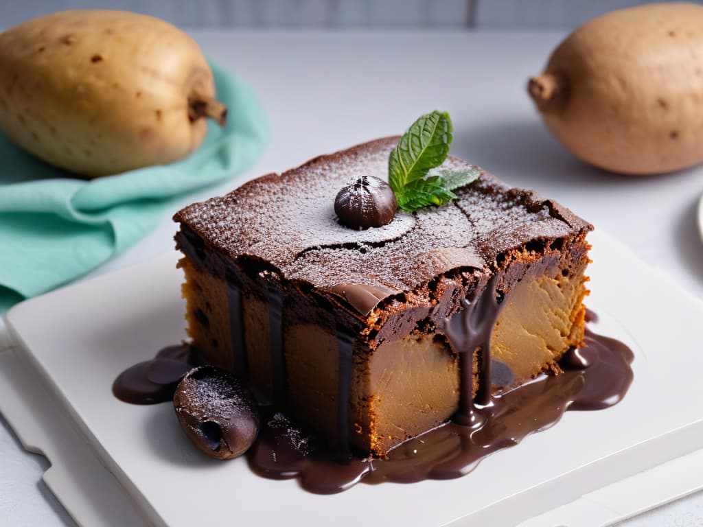  A highresolution, minimalist image of a perfectly baked sweet potato brownie, showcasing the rich, fudgy texture and gooey chocolate chips on a sleek, modern plate with a sprig of fresh mint as garnish. The brownie is set against a soft, blurred background to emphasize its simple, yet enticing appearance, making it a visually appealing addition to the article on reinventing brownies with sweet potatoes. hyperrealistic, full body, detailed clothing, highly detailed, cinematic lighting, stunningly beautiful, intricate, sharp focus, f/1. 8, 85mm, (centered image composition), (professionally color graded), ((bright soft diffused light)), volumetric fog, trending on instagram, trending on tumblr, HDR 4K, 8K