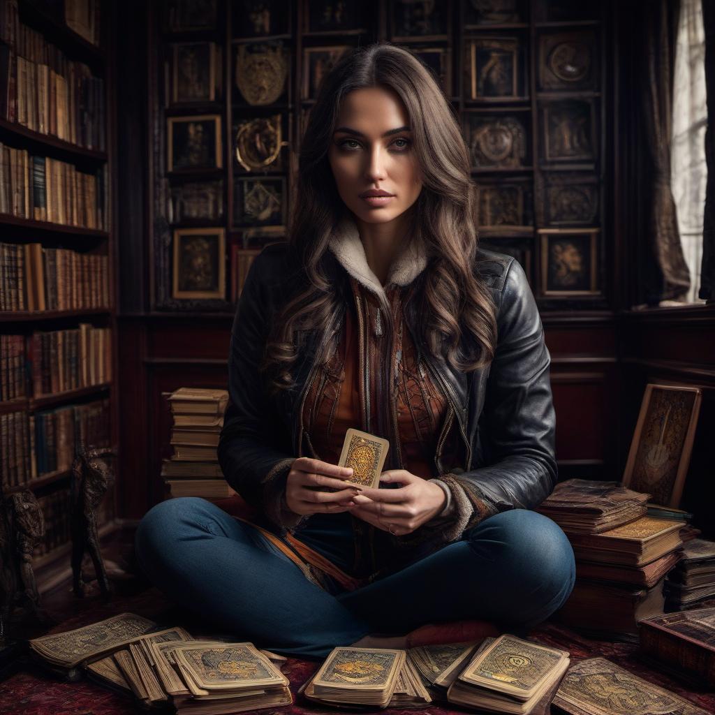  HDR photo of A girl, who is sitting in a jacket, and in a room with books, and holds Tarot cards in her hands. . High dynamic range, vivid, rich details, clear shadows and highlights, realistic, intense, enhanced contrast, highly detailed hyperrealistic, full body, detailed clothing, highly detailed, cinematic lighting, stunningly beautiful, intricate, sharp focus, f/1. 8, 85mm, (centered image composition), (professionally color graded), ((bright soft diffused light)), volumetric fog, trending on instagram, trending on tumblr, HDR 4K, 8K