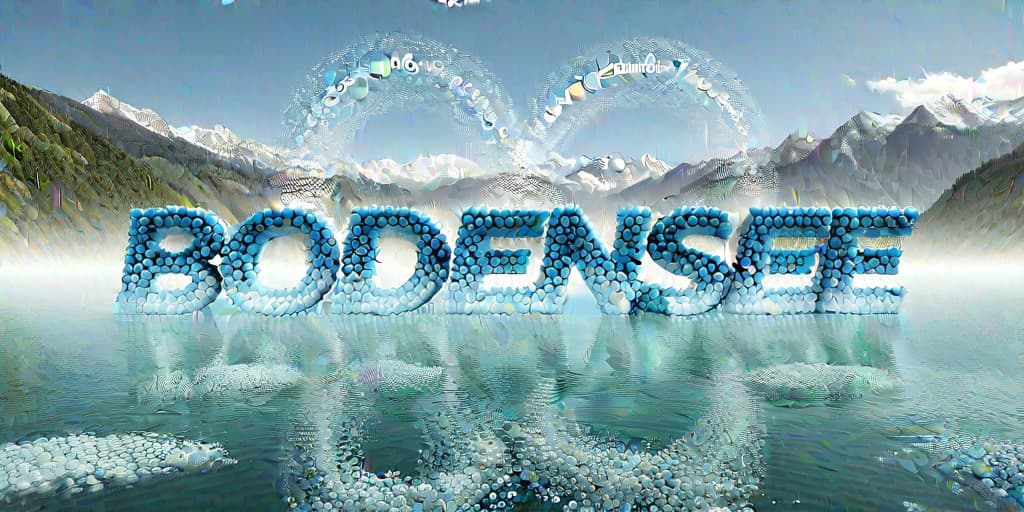  3D text "BODENSEE" made of water bubbles, floating above a lake, mountainous backdrop, high resolution image.