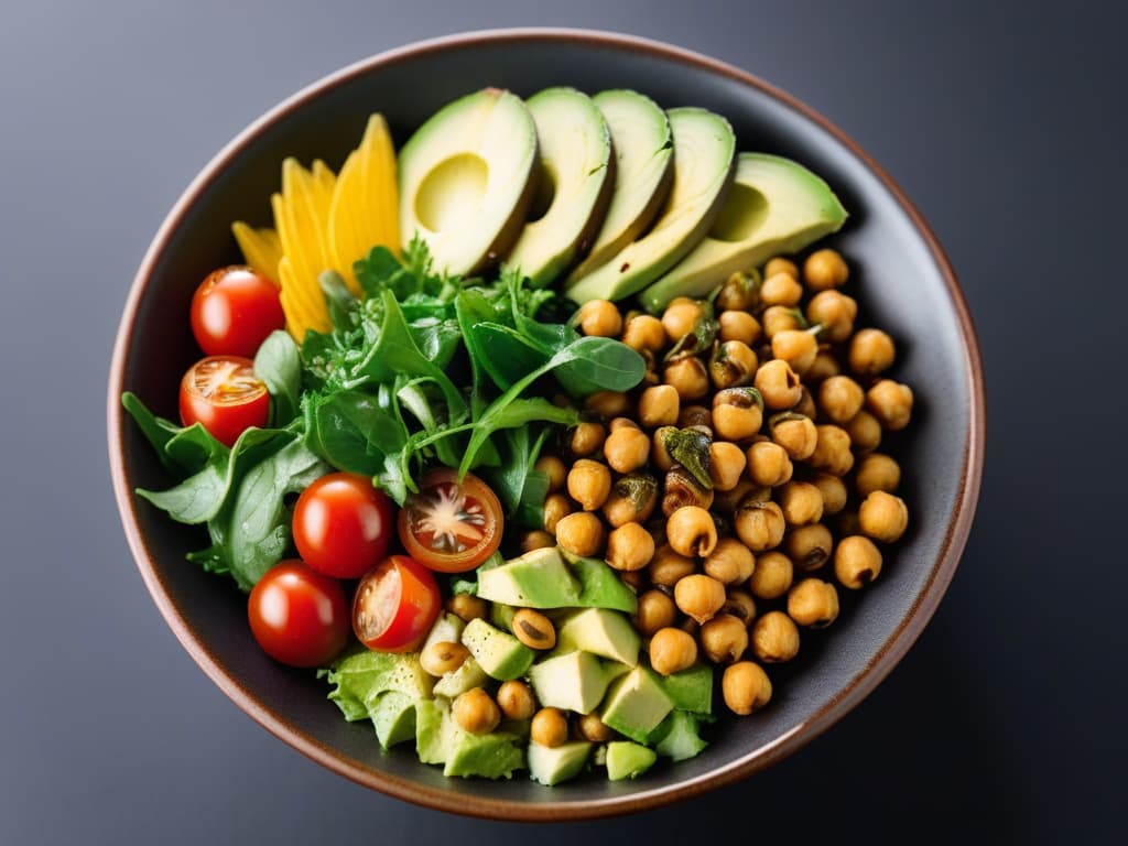 A closeup, ultradetailed image of a vibrant, freshly prepared vegan salad bowl, showcasing colorful layers of mixed greens, cherry tomatoes, sliced avocado, roasted chickpeas, and drizzled with a balsamic vinaigrette dressing. The vegetables are arranged meticulously to create an aesthetically pleasing composition, with each ingredient appearing incredibly crisp and inviting, highlighting the freshness and variety of plantbased ingredients commonly used in vegan cuisine. The background is subtly blurred to emphasize the intricate details of the salad, making it a visually striking and appetizing image that perfectly complements the theme of exploring vegan gastronomy through augmented reality apps. hyperrealistic, full body, detailed clothing, highly detailed, cinematic lighting, stunningly beautiful, intricate, sharp focus, f/1. 8, 85mm, (centered image composition), (professionally color graded), ((bright soft diffused light)), volumetric fog, trending on instagram, trending on tumblr, HDR 4K, 8K