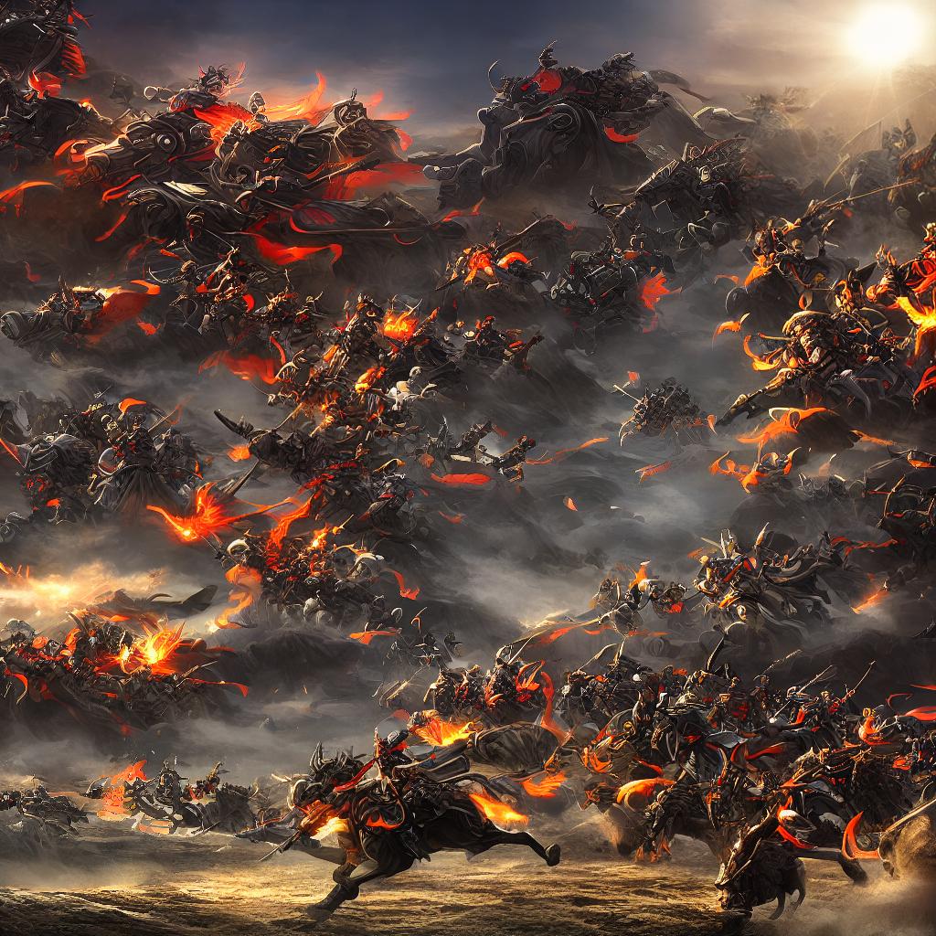  A masterpiece in the style of Yokoyama Mitsuteru, showcasing the best quality and high detailed 8k resolution. Liu Yu, armored and leading warriors less than a hundred in number, charging ahead of his troops in the year 399 during the Eastern Jin Dynasty. The scene is filled with intensity and action, with dust particles suspended in the air, sunlight piercing through the clouds, and spears gleaming in the sunlight. hyperrealistic, full body, detailed clothing, highly detailed, cinematic lighting, stunningly beautiful, intricate, sharp focus, f/1. 8, 85mm, (centered image composition), (professionally color graded), ((bright soft diffused light)), volumetric fog, trending on instagram, trending on tumblr, HDR 4K, 8K