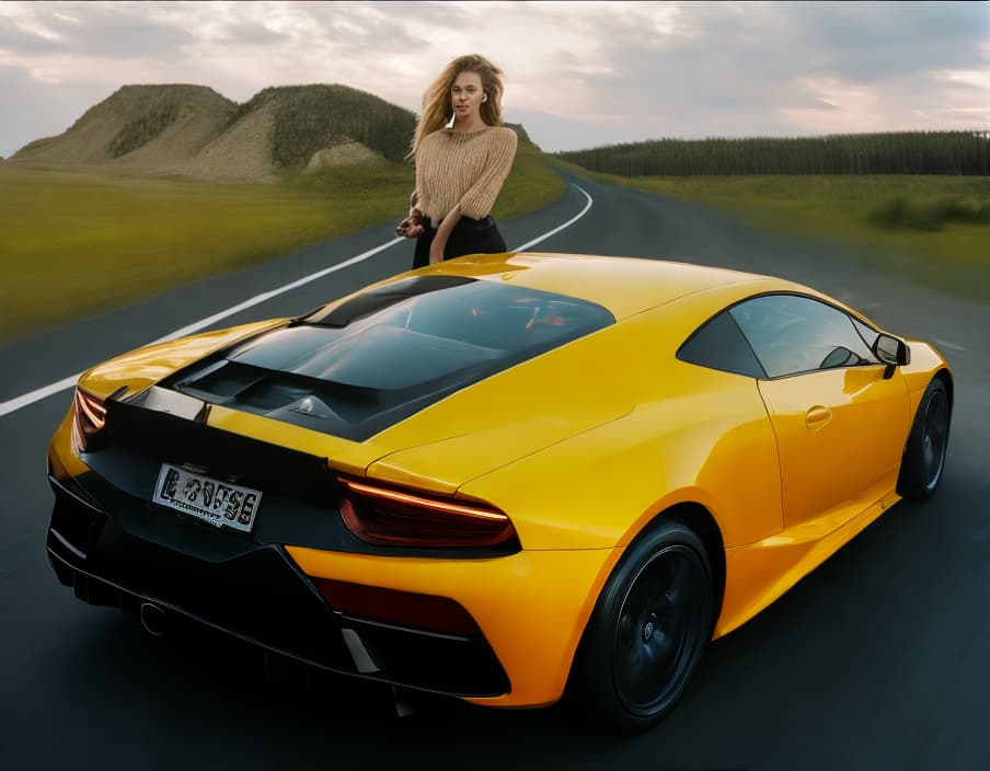 portrait+ style add a blonde woman leaning on car photo realistic