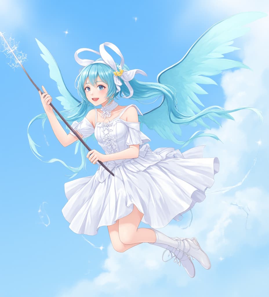  good quality, high quality, girl, white dress, blue hair, 2 pair of wings, floating in the sky, holding a magic stick