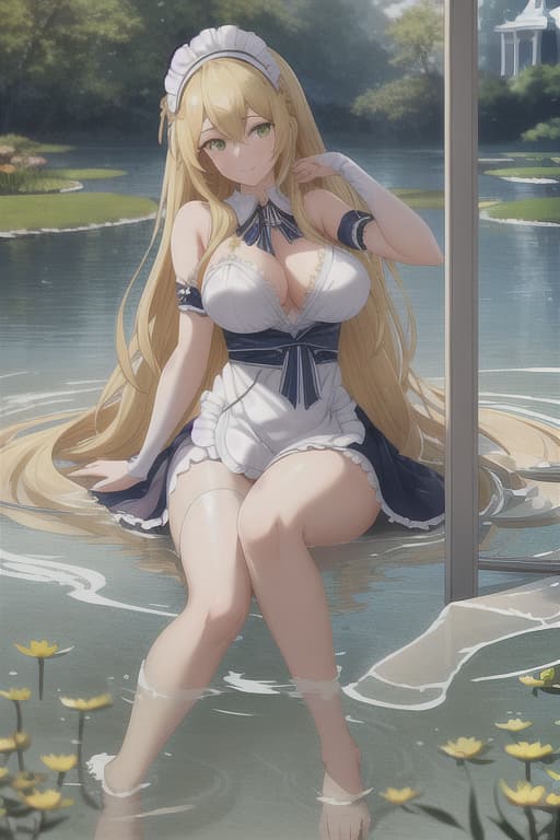  (score 9,score 8 up,score 7 up,),1girl,solo,maid,maid headdress,looking at viewer,outdoor,lake,apron,blonde hair,indoors,green eyes,bare foot,two feet in the water lotus flower sex stunny hyperrealistic, full body, detailed clothing, highly detailed, cinematic lighting, stunningly beautiful, intricate, sharp focus, f/1. 8, 85mm, (centered image composition), (professionally color graded), ((bright soft diffused light)), volumetric fog, trending on instagram, trending on tumblr, HDR 4K, 8K