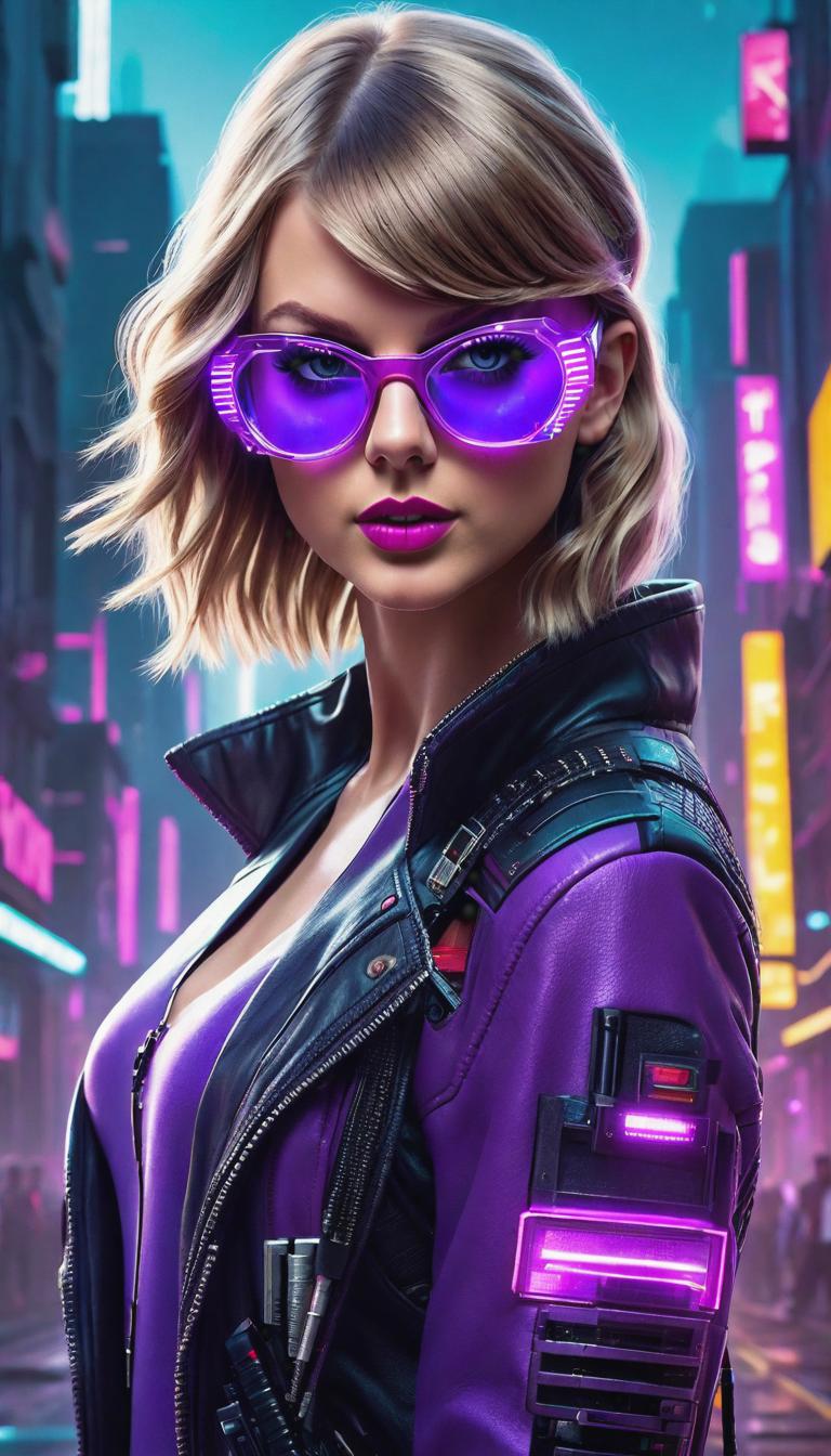  Cyberpunk style depiction of Taylor Swift in purple glasses . The scene is set in a world where technology has advanced, but society and human conditions have not, creating a gritty, dystopian atmosphere. hyperrealistic, full body, detailed clothing, highly detailed, cinematic lighting, stunningly beautiful, intricate, sharp focus, f/1. 8, 85mm, (centered image composition), (professionally color graded), ((bright soft diffused light)), volumetric fog, trending on instagram, trending on tumblr, HDR 4K, 8K