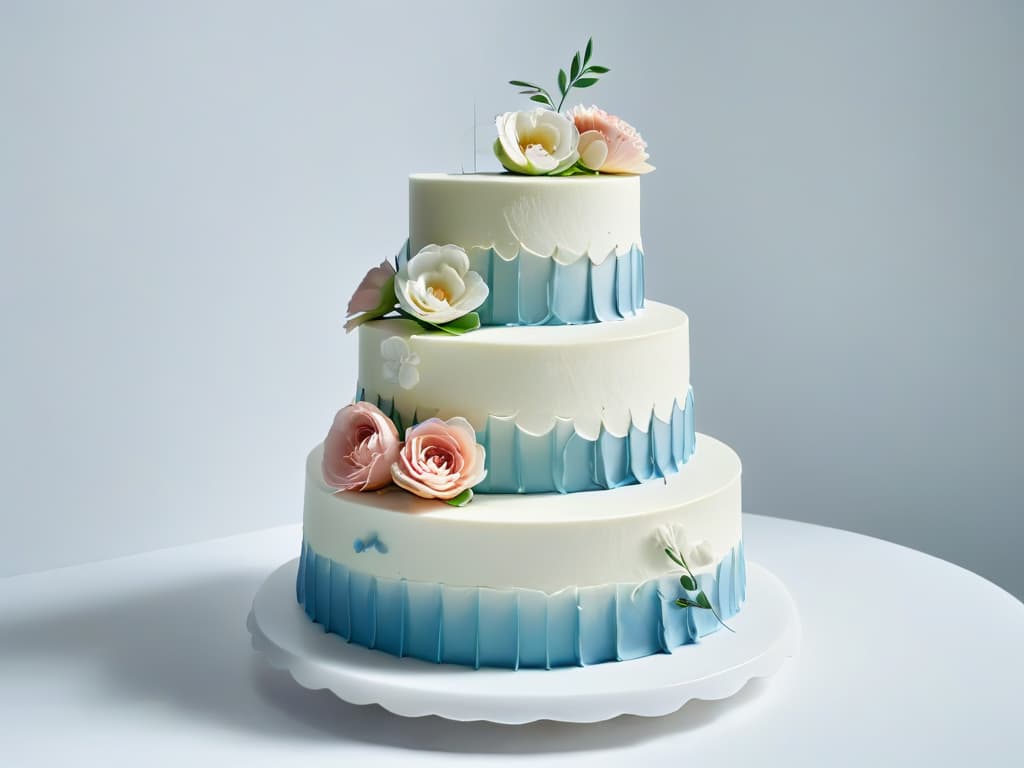  A closeup, ultradetailed shot of a perfectly crafted, minimalist threetiered wedding cake on a sleek, marble backdrop. The cake is adorned with delicate, symmetrical fondant draping and a single, elegant sugar flower at its peak. Each tier is flawlessly smooth and decorated with precise geometric patterns in subtle pastel hues, embodying the essence of minimalistic elegance in traditional pastry design. hyperrealistic, full body, detailed clothing, highly detailed, cinematic lighting, stunningly beautiful, intricate, sharp focus, f/1. 8, 85mm, (centered image composition), (professionally color graded), ((bright soft diffused light)), volumetric fog, trending on instagram, trending on tumblr, HDR 4K, 8K