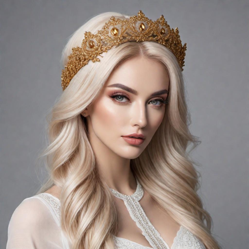  Change the hair color to blonde with a headband on the subject in the provided image. hyperrealistic, full body, detailed clothing, highly detailed, cinematic lighting, stunningly beautiful, intricate, sharp focus, f/1. 8, 85mm, (centered image composition), (professionally color graded), ((bright soft diffused light)), volumetric fog, trending on instagram, trending on tumblr, HDR 4K, 8K