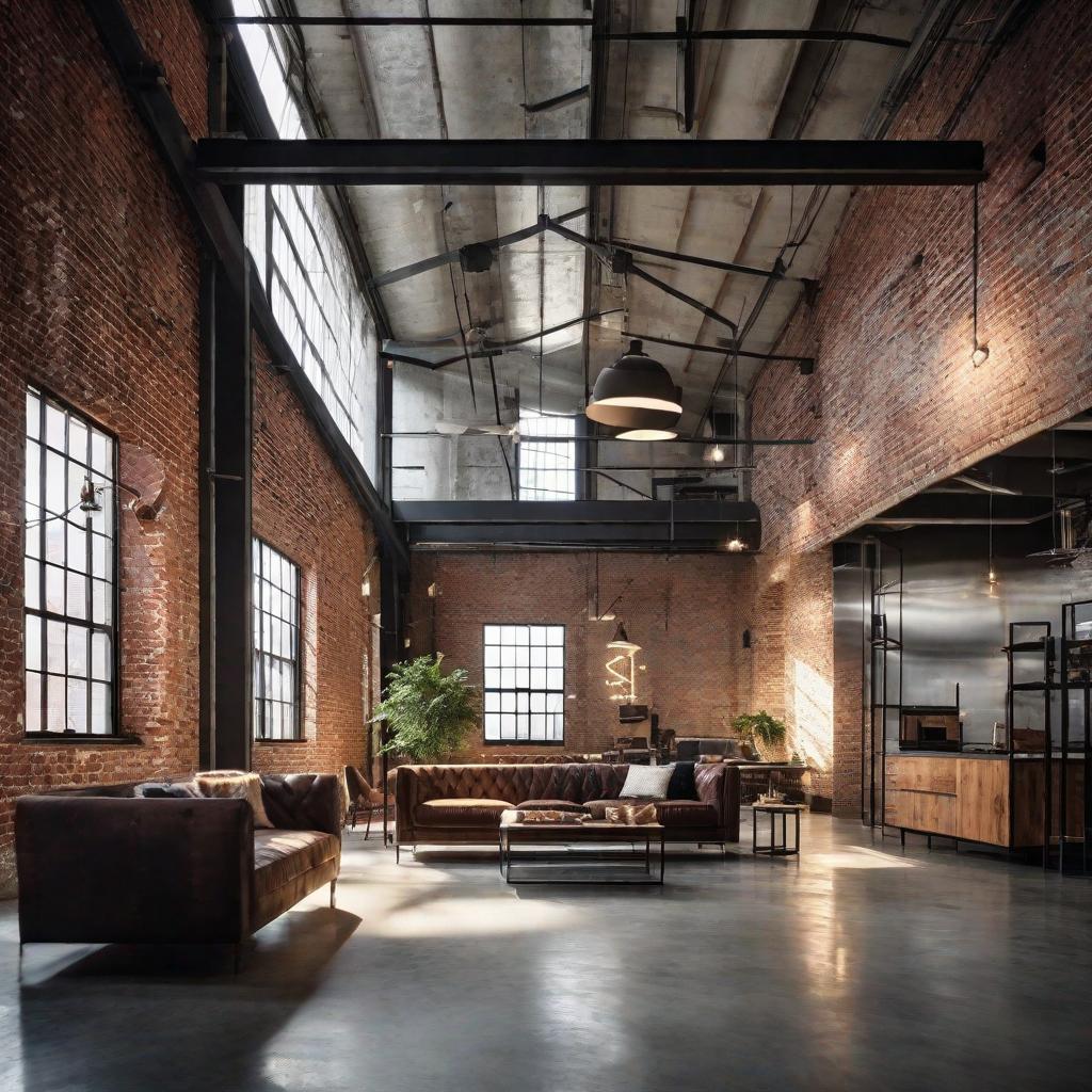   Picture a loft space featuring exposed brick walls, polished concrete floors, and metal framed furniture for an urban vibe. 8k, cinematic lighting, HDR