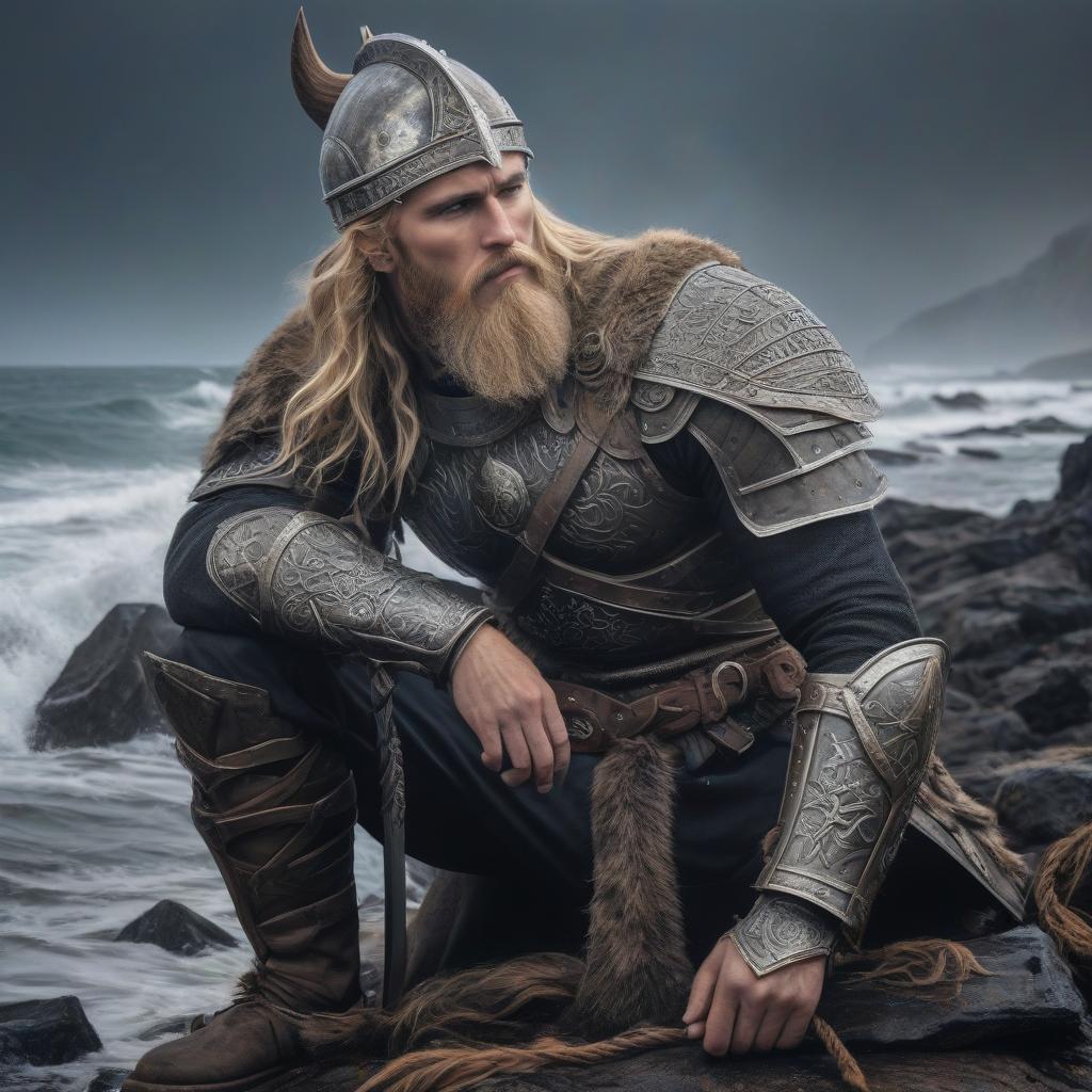  , blond, 20 old, (masterpiece, oil painting:1.3), (profile view:1.2 , blond hair, berserk, (grimdarkcore:1.3), seated on the shore of the Northern Sea, gaze fixed into the distance, (detailed face:1.2) weathered features, (intricate armor:1.2) adorned with symbols, (Viking helmet without horns:1.2), (brutal ided beard:1.3), essence of mysticism intertwined with the harsh Northern nature, impasto disturbia dry brush technique, hyperrealistic, full body, detailed clothing, highly detailed, cinematic lighting, stunningly beautiful, intricate, sharp focus, f/1. 8, 85mm, (centered image composition), (professionally color graded), ((bright soft diffused light)), volumetric fog, trending on instagram, trending on tumblr, HDR 4K, 8K