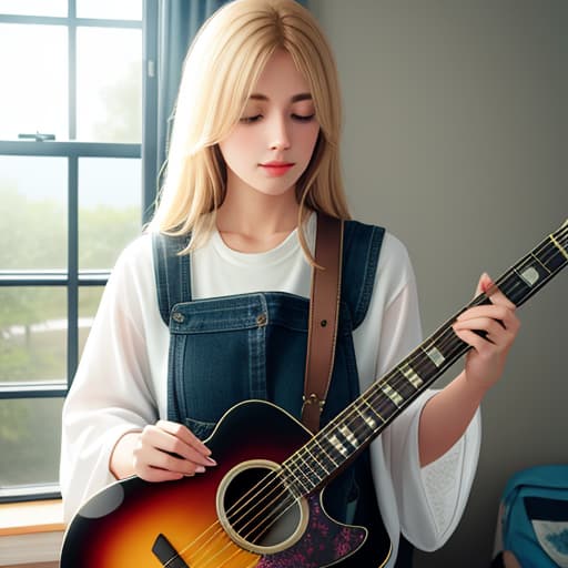  beautiful white girl holding a guitar, hyperrealistic, high quality, highly detailed, cinematic lighting, intricate, sharp focus, f/1. 8, 85mm, (centered image composition), (professionally color graded), ((bright soft diffused light)), volumetric fog, trending on instagram, HDR 4K, 8K