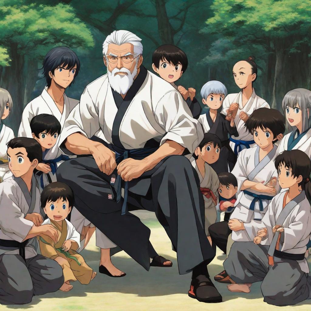  A young man with gray hair and blue eyes, wearing a long black shirt and black pants, holding a child in his hands wearing a karate uniform. Next to them is a group of people., anime concept art by Hayao Miyazaki, featured on pixiv, fantasy art, concept art, official art, high detailed hyperrealistic, full body, detailed clothing, highly detailed, cinematic lighting, stunningly beautiful, intricate, sharp focus, f/1. 8, 85mm, (centered image composition), (professionally color graded), ((bright soft diffused light)), volumetric fog, trending on instagram, trending on tumblr, HDR 4K, 8K