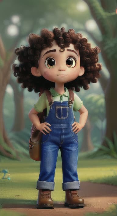  {The tree with a twinkling eye, while its leaves gently rustle., Riley, a curious with big brown eyes and curly hair, wearing overalls and carrying a small backpack. Their friend, Skye, a bluebird with shiny feathers.