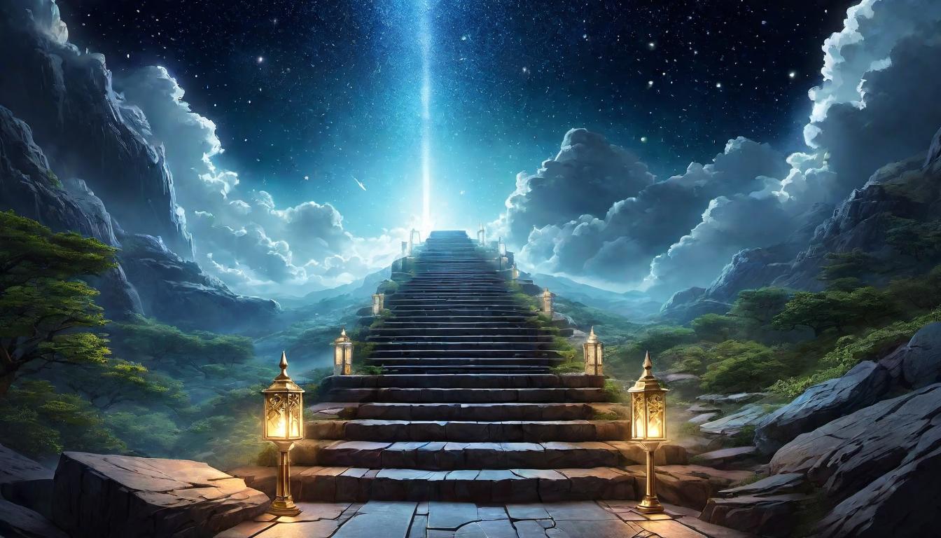  digital illustration, A staircase of light ascending towards a starry sky, each step marked by a symbol of achievement, path to spiritual ascension, foundation of endeavors highlighted, steps of light, ascendant journey, illuminated progress, looking at viewer, dynamic pose, (intricate details, masterpiece, best quality)