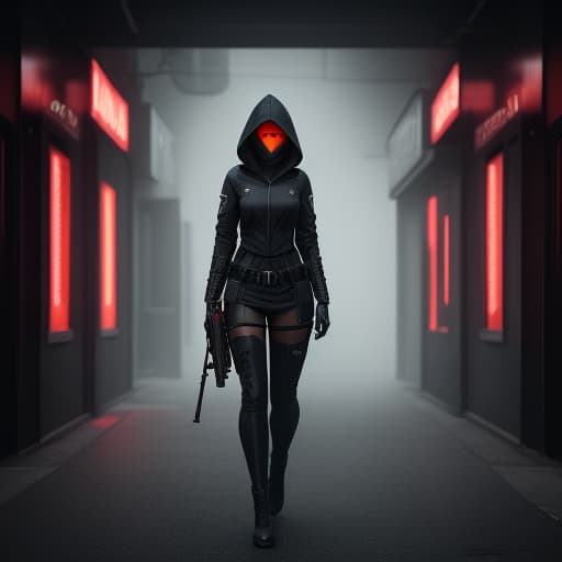  a hooded and masked women with a rifle in hand, abstract art, neon background hyperrealistic, full body, detailed clothing, highly detailed, cinematic lighting, stunningly beautiful, intricate, sharp focus, f/1. 8, 85mm, (centered image composition), (professionally color graded), ((bright soft diffused light)), volumetric fog, trending on instagram, trending on tumblr, HDR 4K, 8K