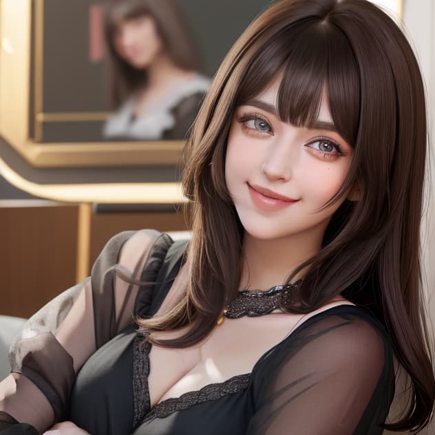  masterpiece, best quality, Best Quality, Masterpiece, hyper realistic 8k resolution,high resolution concept art of a girl around ther age of 34 with dark brunette hair cut shoulder length and with bangs. she has big eyes with dark eyeshadow . she has large deep dimples in each cheek and a cute mischevious smile.