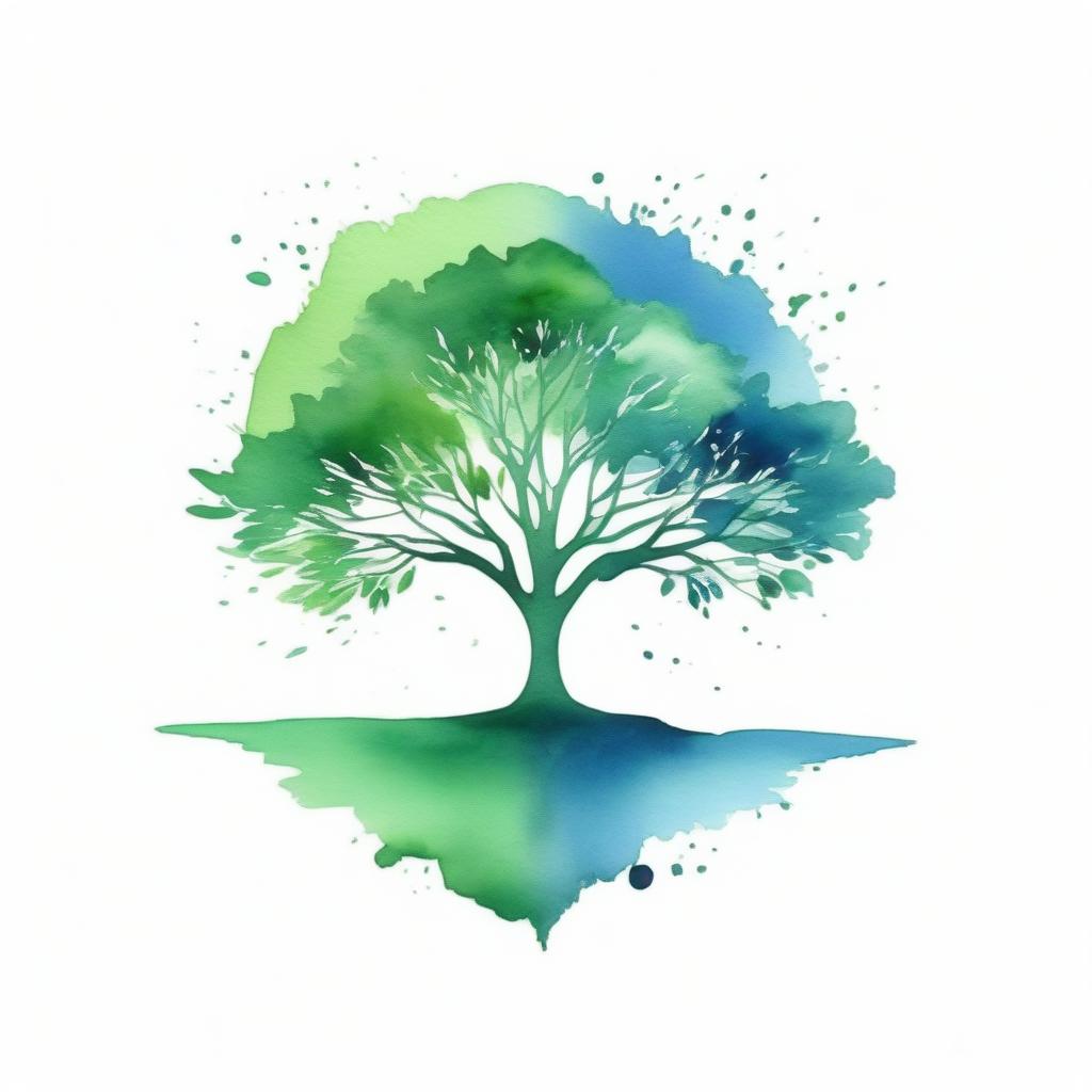  watercolor style, logo of a tree, green and blue