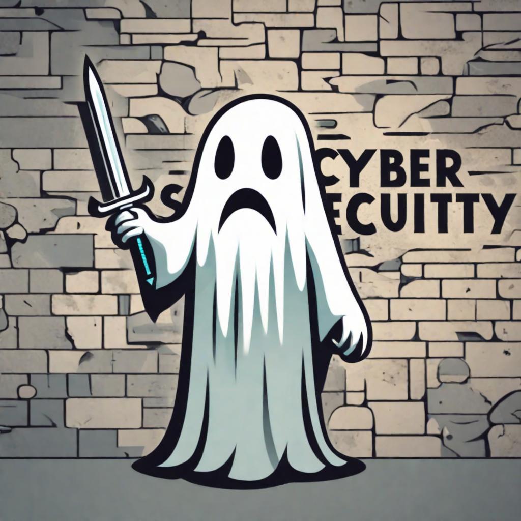  Cyber security ghost holding a swording going through a stone wall