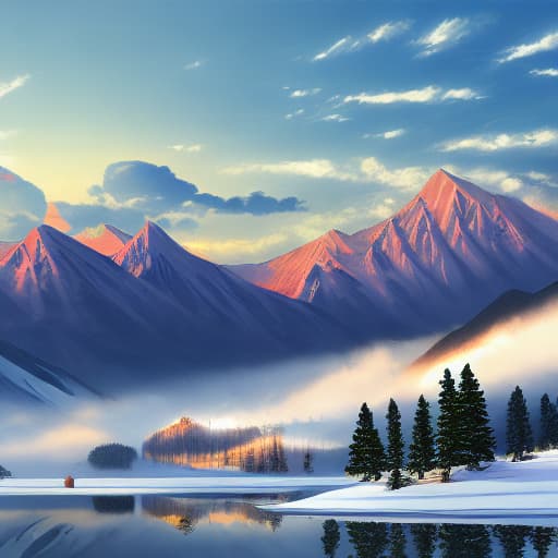  a beautiful landscape, the mountains are shrouded in clouds, the tops of the mountains are covered with blue snow, the dawn, over-detailed background patterns