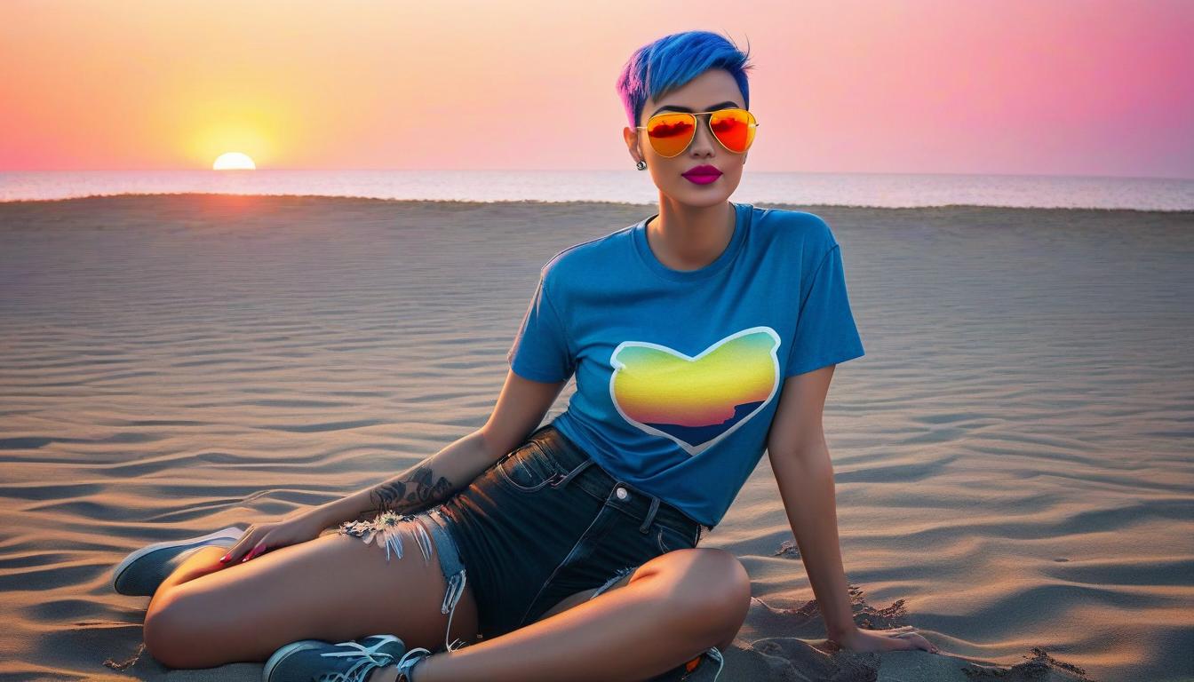  Girl. Short blue hair. yellow aviator sunglasses. pink lips. black t shirt. old shabby jeans. sitting on the beach. on the sand. sunset. ocean..full body.neon. evening..cinematic.Ultra realistic. 3D . Epic. high detail. perfect lighting. perfect contrast. perfect composition hyperrealistic, full body, detailed clothing, highly detailed, cinematic lighting, stunningly beautiful, intricate, sharp focus, f/1. 8, 85mm, (centered image composition), (professionally color graded), ((bright soft diffused light)), volumetric fog, trending on instagram, trending on tumblr, HDR 4K, 8K