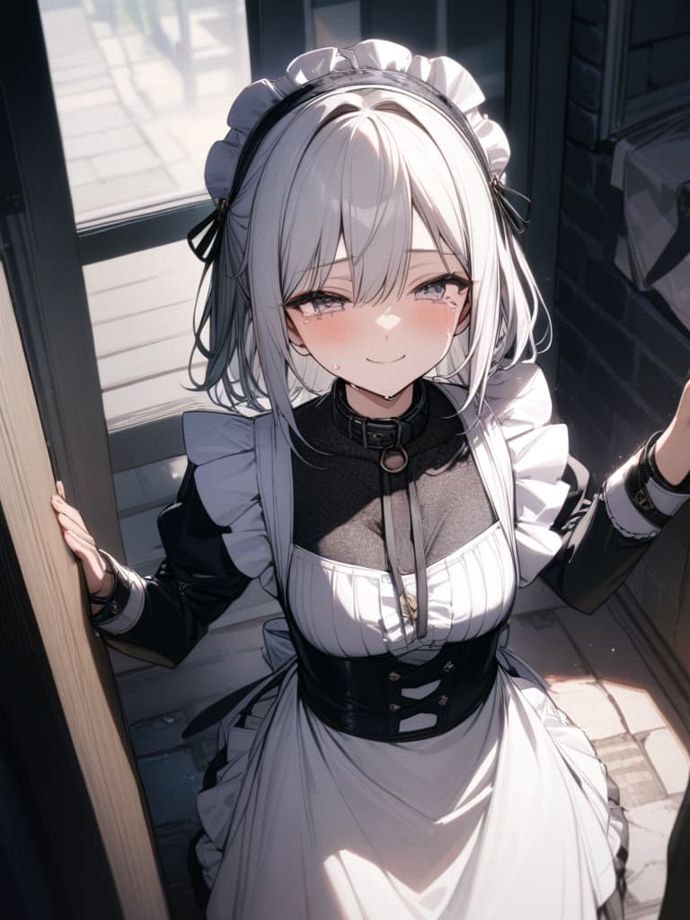  Maid, glasses, parties, Happy Smile, collar, dark cobblestone rooms, tears shed tears, both hands are restrained and hung, hung., masterpiece, best quality,8k,ultra detailed,high resolution,an extremely delicate and beautiful,hyper detail