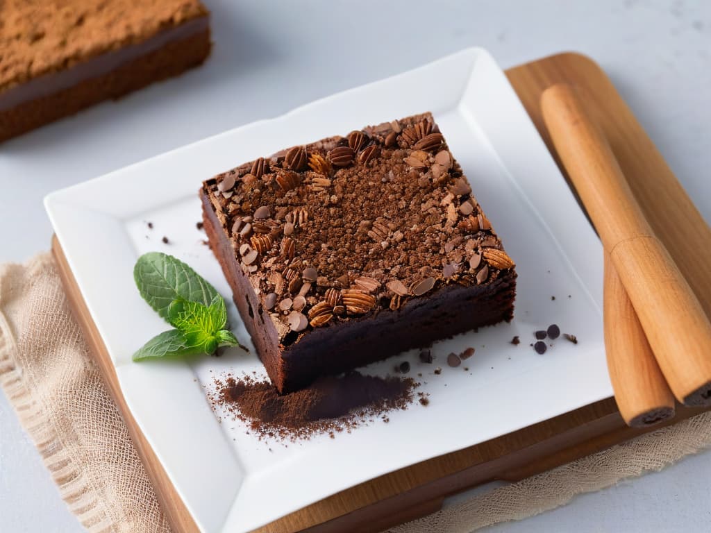  An ultradetailed, photorealistic image of a decadent brownie made with sweet potatoes as a healthy alternative. The brownie is perfectly sliced, showcasing its moist interior filled with chunks of dark chocolate. The top is dusted with cocoa powder and garnished with fresh mint leaves, adding a touch of elegance. The image captures the gooey texture and rich flavor of the brownie, enticing viewers to try this nutritious twist on a classic dessert. hyperrealistic, full body, detailed clothing, highly detailed, cinematic lighting, stunningly beautiful, intricate, sharp focus, f/1. 8, 85mm, (centered image composition), (professionally color graded), ((bright soft diffused light)), volumetric fog, trending on instagram, trending on tumblr, HDR 4K, 8K