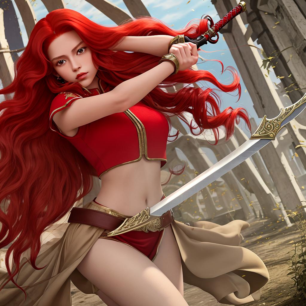  masterpiece, best quality, beutiful mexican beige skin lady with long red hair and a sword in her hands.and also red clothes. with a bit wavy hair.