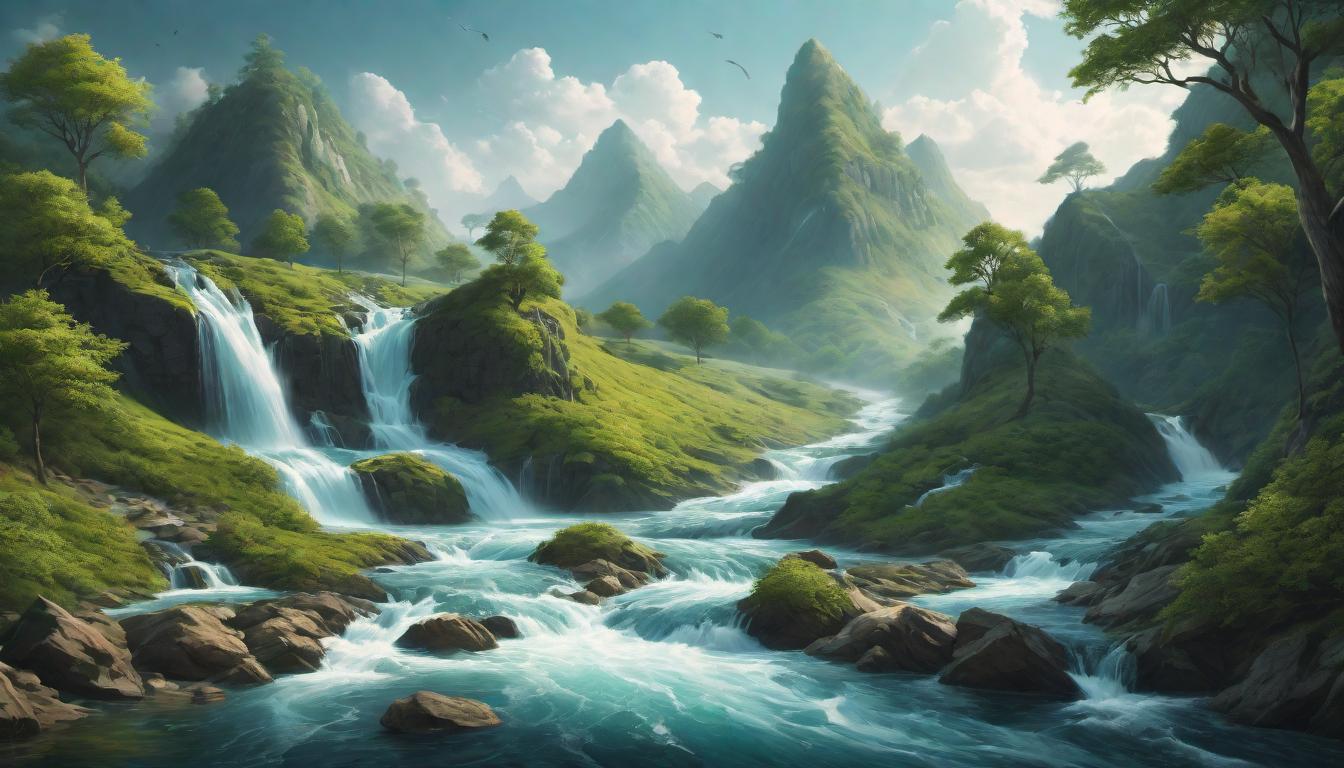  digital illustration, A surreal landscape where water flows uphill, gravity defying streams alongside traditional, flowing downstream waters, representing fluidity and the defiance of perceived limitations, surreal, liberating ambiguity, looking at viewer, dynamic pose, (intricate details, masterpiece, best quality)