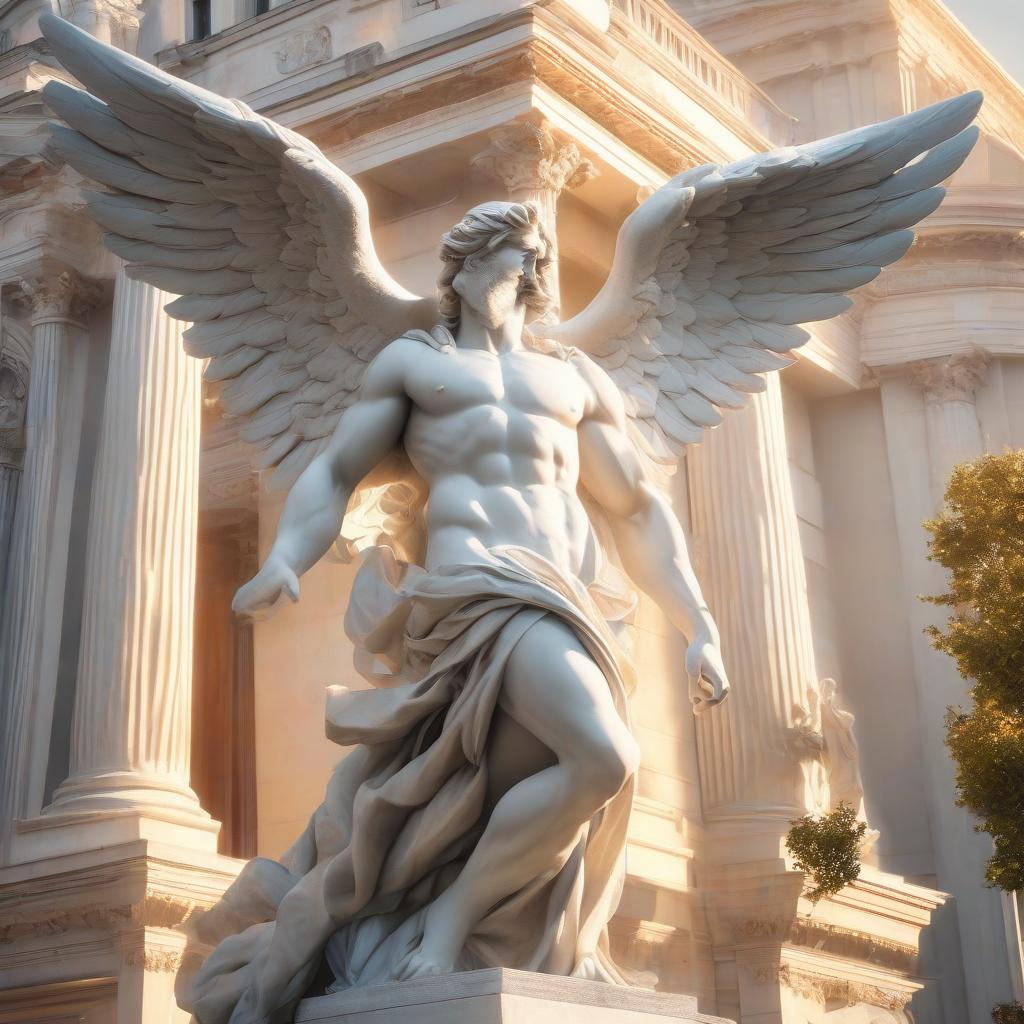  a statue of an angel in front of a building, inspired by Mike Winkelmann, shutterstock, neoclassicism, unreal engine 5 hdr, huge wings, military, contest winning masterpiece, austrian architecture, epic scene of zeus, post processed, morning sunlight, discovered photo hyperrealistic, full body, detailed clothing, highly detailed, cinematic lighting, stunningly beautiful, intricate, sharp focus, f/1. 8, 85mm, (centered image composition), (professionally color graded), ((bright soft diffused light)), volumetric fog, trending on instagram, trending on tumblr, HDR 4K, 8K