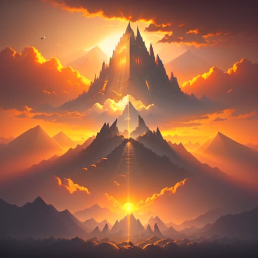 in OliDisco style the battle of light and darkness. defeat of the knight of light. a knight surrounded by enemies. the clouds. castle. mountains. sunset.
