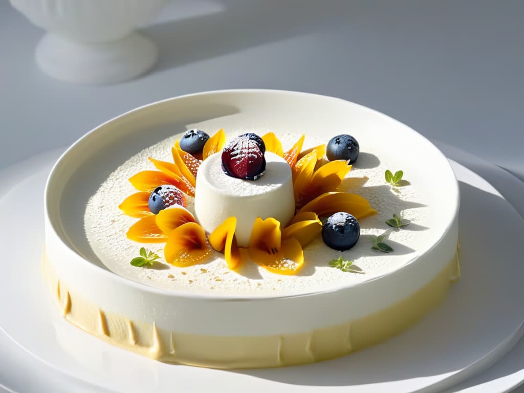  A minimalist, ultradetailed image of a stunning, avantgarde dessert plated on a sleek, white porcelain dish. The dessert features intricate layers of vibrant colors and textures, with delicate edible flowers elegantly placed on top. The lighting is soft, casting a gentle shadow beneath the dessert, highlighting its artistic presentation and exquisite craftsmanship. hyperrealistic, full body, detailed clothing, highly detailed, cinematic lighting, stunningly beautiful, intricate, sharp focus, f/1. 8, 85mm, (centered image composition), (professionally color graded), ((bright soft diffused light)), volumetric fog, trending on instagram, trending on tumblr, HDR 4K, 8K