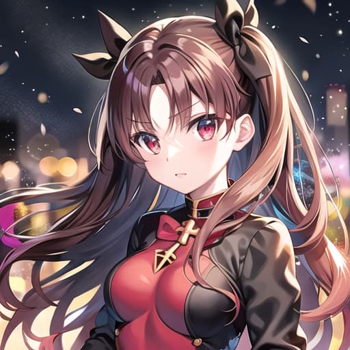  master piece , best quality,rin tohsaka, (fate), fate/stay night, cute, detailed eyes, city light glows dramatically, bokeh effect, underneath her the light particle grows, s 400 niji 6