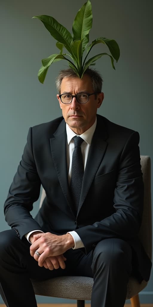  good quality, high quality, a man is wearing a suit and has a plant on his head. the man is sitting on a chair